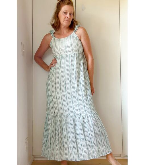 Women's Boho Eyelet Maxi Dress White/Green Ruffle bottom Sundress Bohemian Sz Sm - Picture 11 of 11